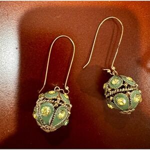 Vintage Green Enamel Ball Earrings Yellow Rhinestones Filigree Dangles